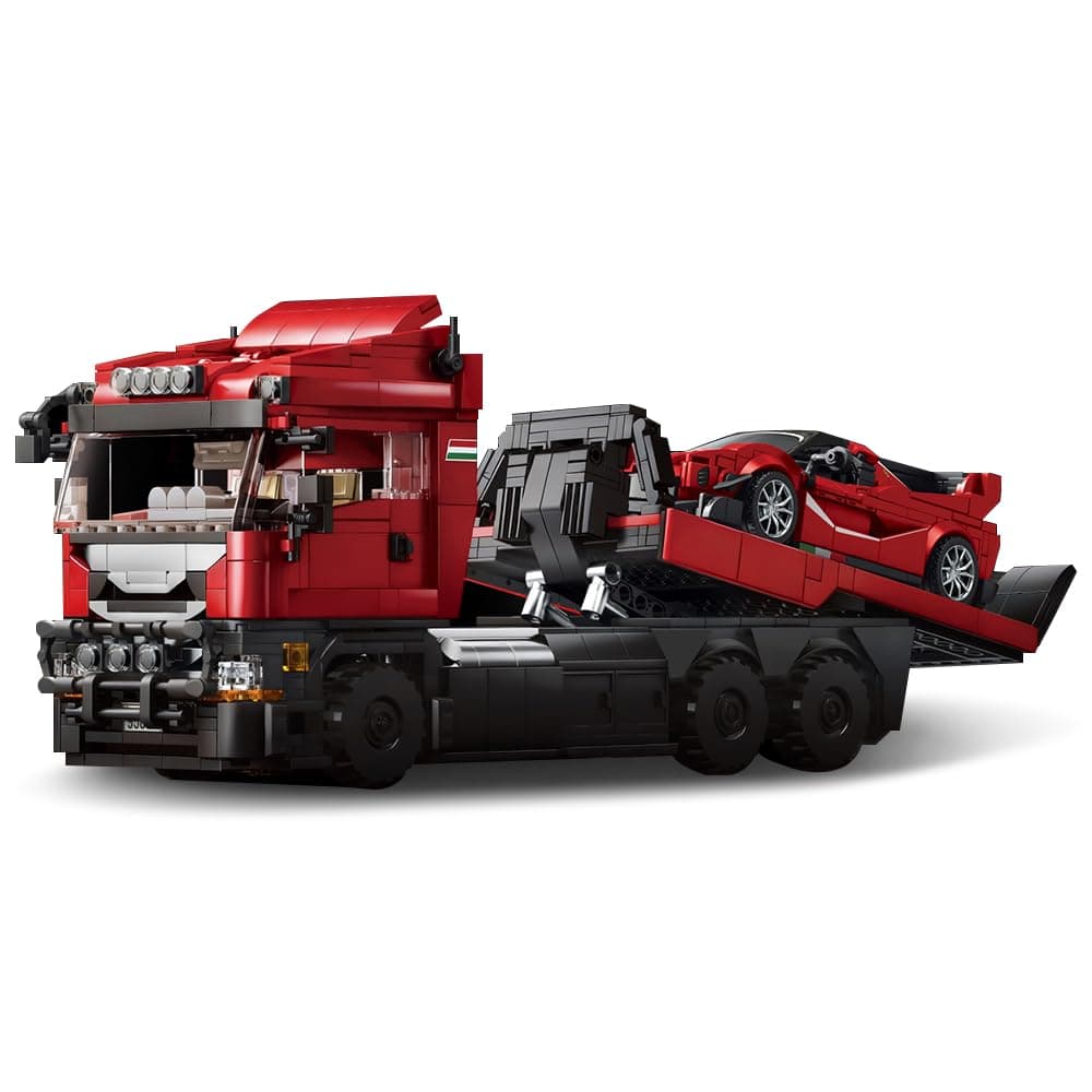 Truck and Supercar 2-in-1 Building Block Set, Construction Vehicle Series Rescue Tow Truck Set, Adult Car Model, Collectible Display Truck Gift