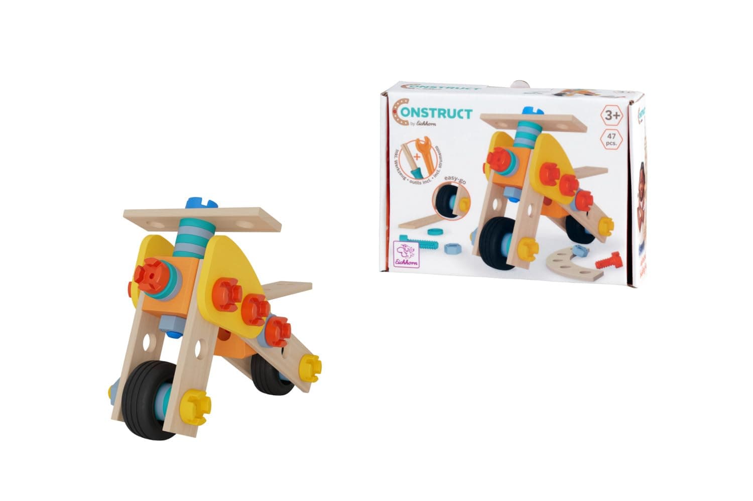Eichhorn Construct Mini Motorcycle 47-Piece Construction Toy with Rotating Wheels to Promote Motor Skills, Made of FSC Certified Wood, Can be Combined with Other Sets, from 3 Years