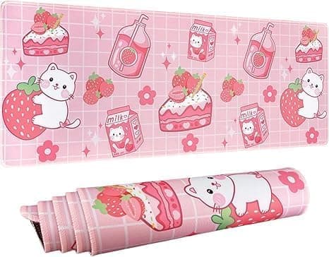 Tazweeq Kawaii Pink Gaming Mouse Pad, Extended Large Cat Strawberry Milk Mouse Pad Mat, Cute Office Supplies Decor XL Computer Mousepad, Accessories Deskpad for Women