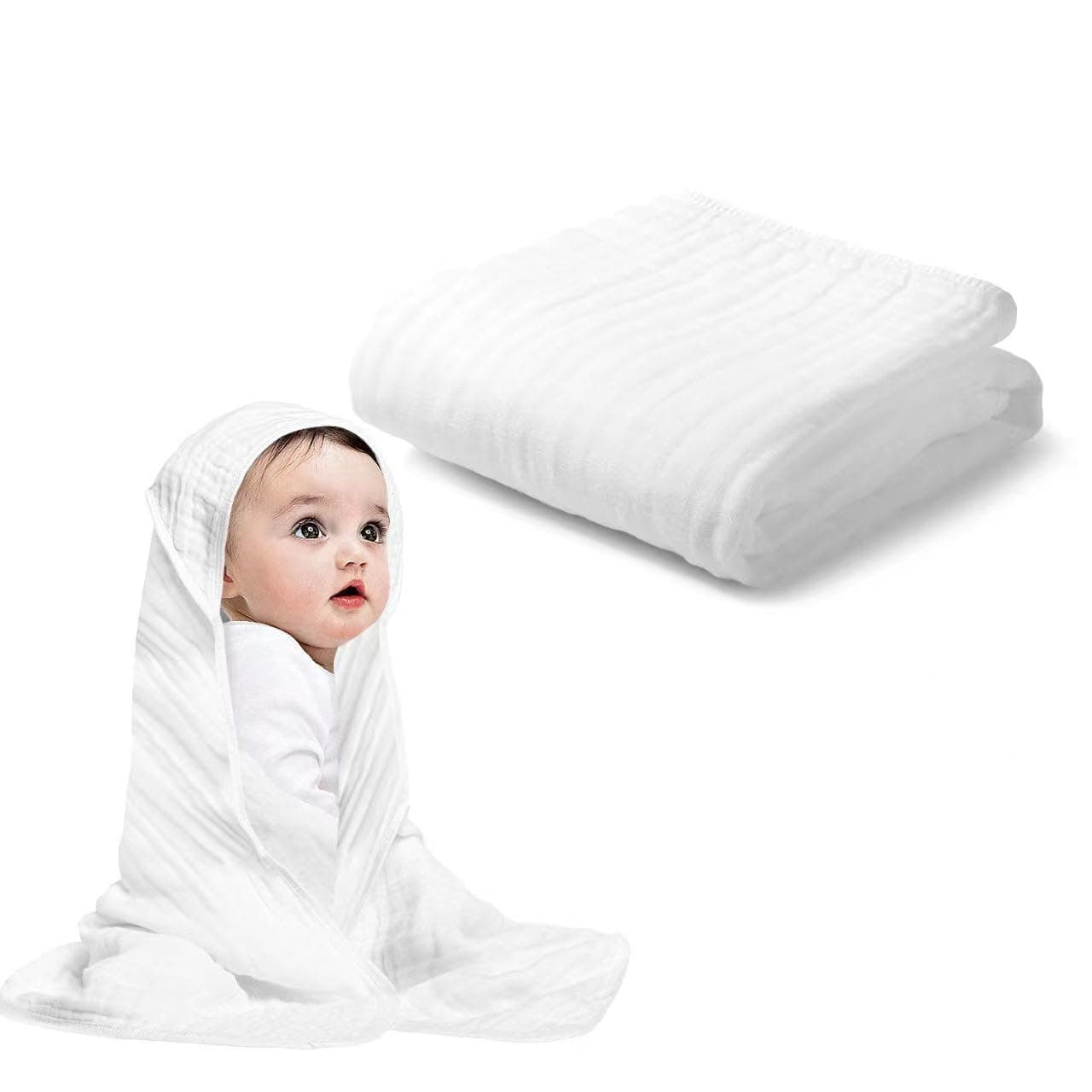 Baby Hooded Towels for Babies and Toddlers, Premium Muslin Baby Bath Towel with Hood, Warm Soft and Absorbency Unisex Cover for Boys and Girls Newborn Essential - Baby Gift(Pure White 1 Pcs)