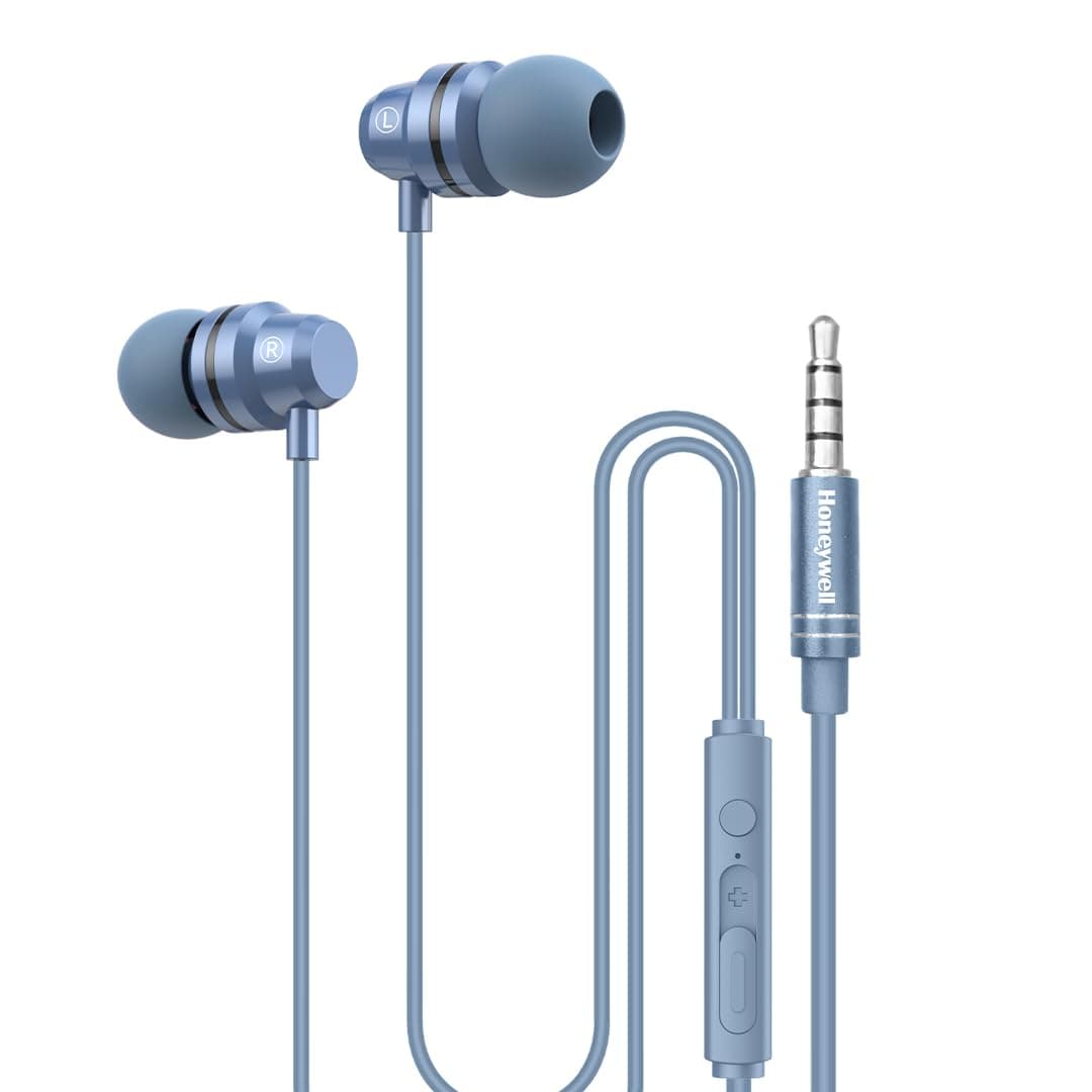 Honeywell Moxie V50 Wired Earphones with built in Mic, 10mm*2 drivers, Passive Noise Cancellation, Deep Bass & Clear Sound, Ultra HD Mic Quality, 3.5mm AUX, Voice Assistant Enabled, 1.2 Mtr