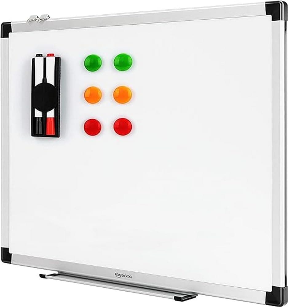 Amazon Basics Magnetic Whiteboard with Pen Tray, Aluminium Trim and Dry-Wipe Writing Surface, 60 x 45cm (WxH), White