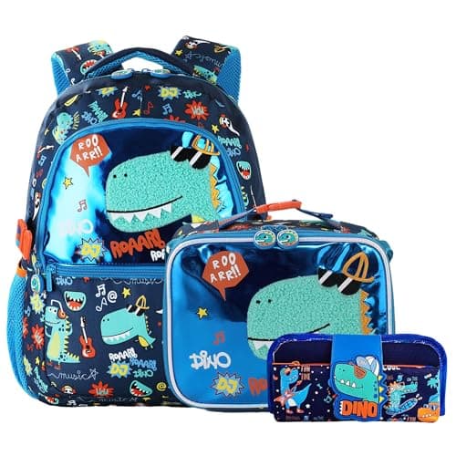 Boys School Backpack Set with Lunch Box & Pencil Case, Durable Large Capacity Back to School Bag, Bookbag for Kids Grade 1-6, Dinosaur Design
