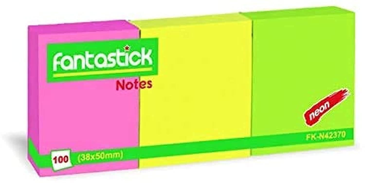 Fantastick 3-Colored Plain Paper Sticky Notes 100-Piece, Pink/Yellow/Green