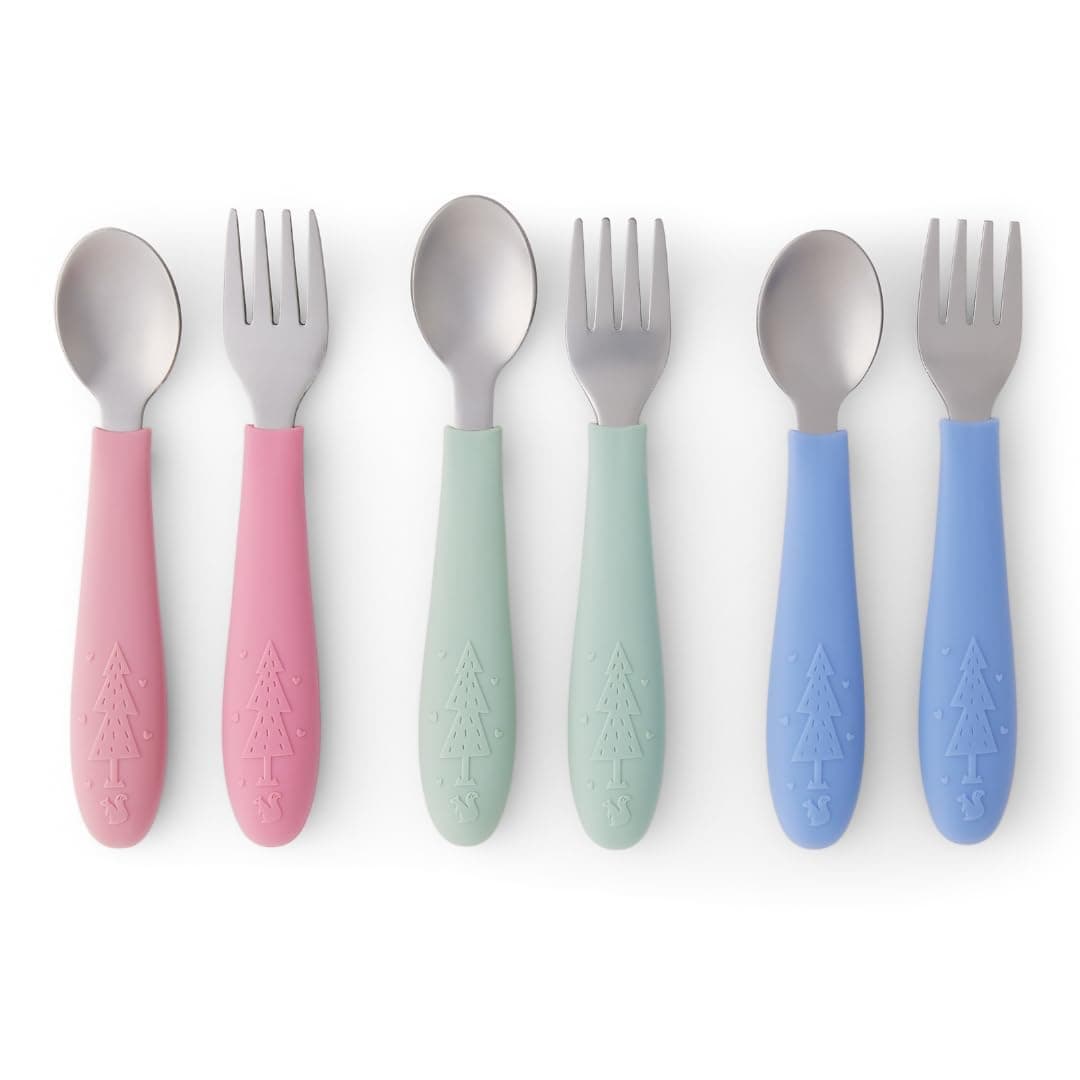 Elk and Friends Kids Silverware with Silicone Handle | Childrens Safe Flatware | Toddler Utensils | Baby Spoons + Forks | Stainless Steel Cutlery