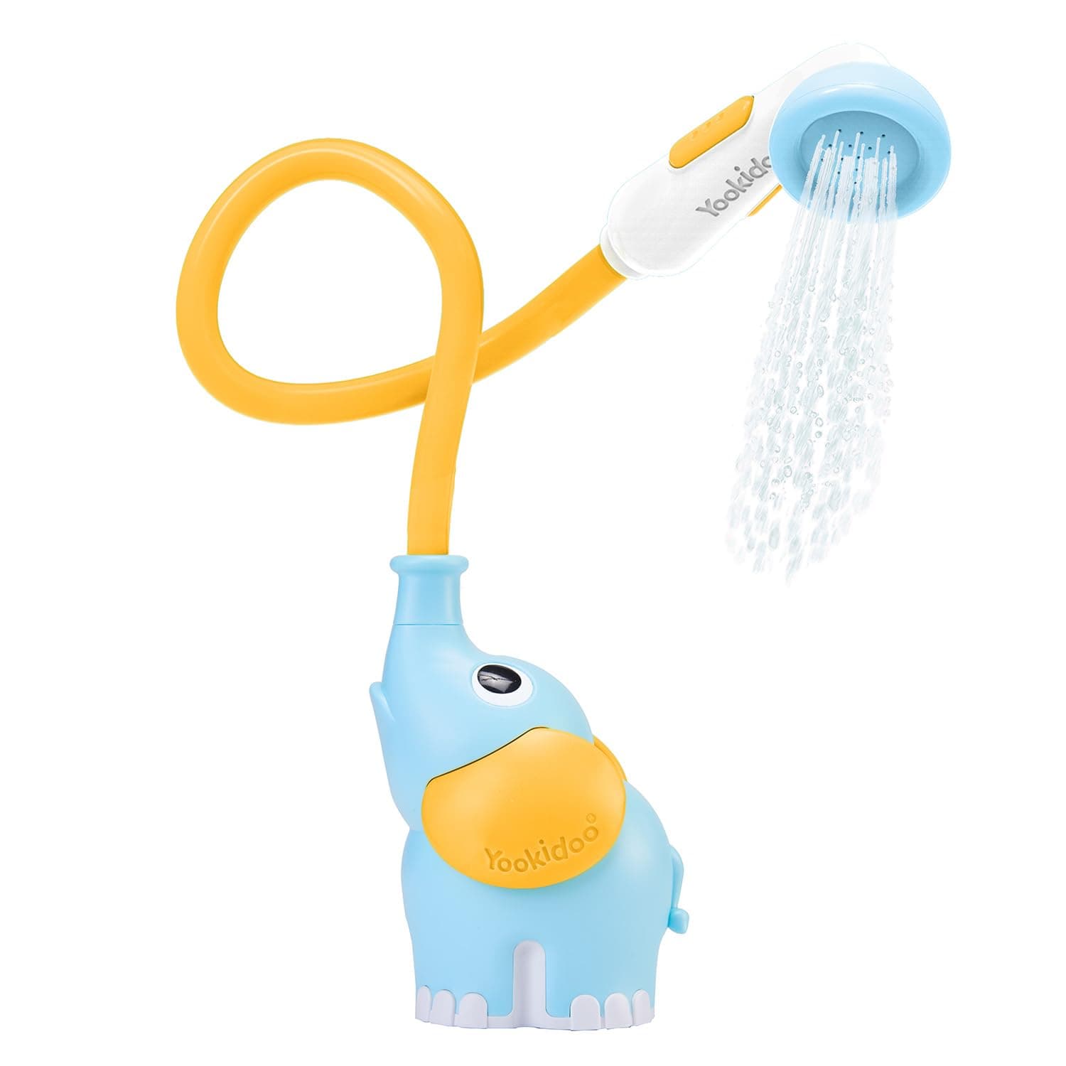 Yookidoo Baby Bath Shower Head - Elephant Water Pump and Trunk Spout Sprayer - One Handed Flow Control for Newborn Babies in Tub Or Sink (Blue&Orange)