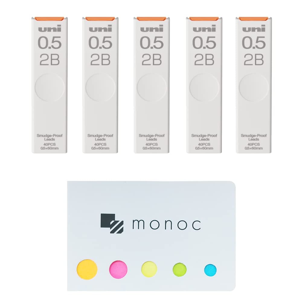 Uni Pencil Lead,"The Uni" Smudge-Proof Leads, 0.5mm 2B, 5 Pack &"monoc" Sticky Note(Japan Import)