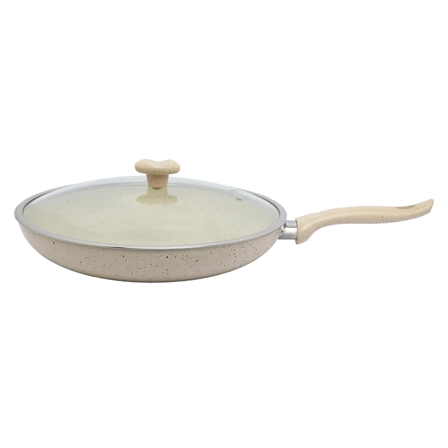 Bister Granite Frying Pan with Glass Lid, Flat Bottom Suitable for Induction Cooker Halogon Oven and Gas Stove, Beige, 32cm