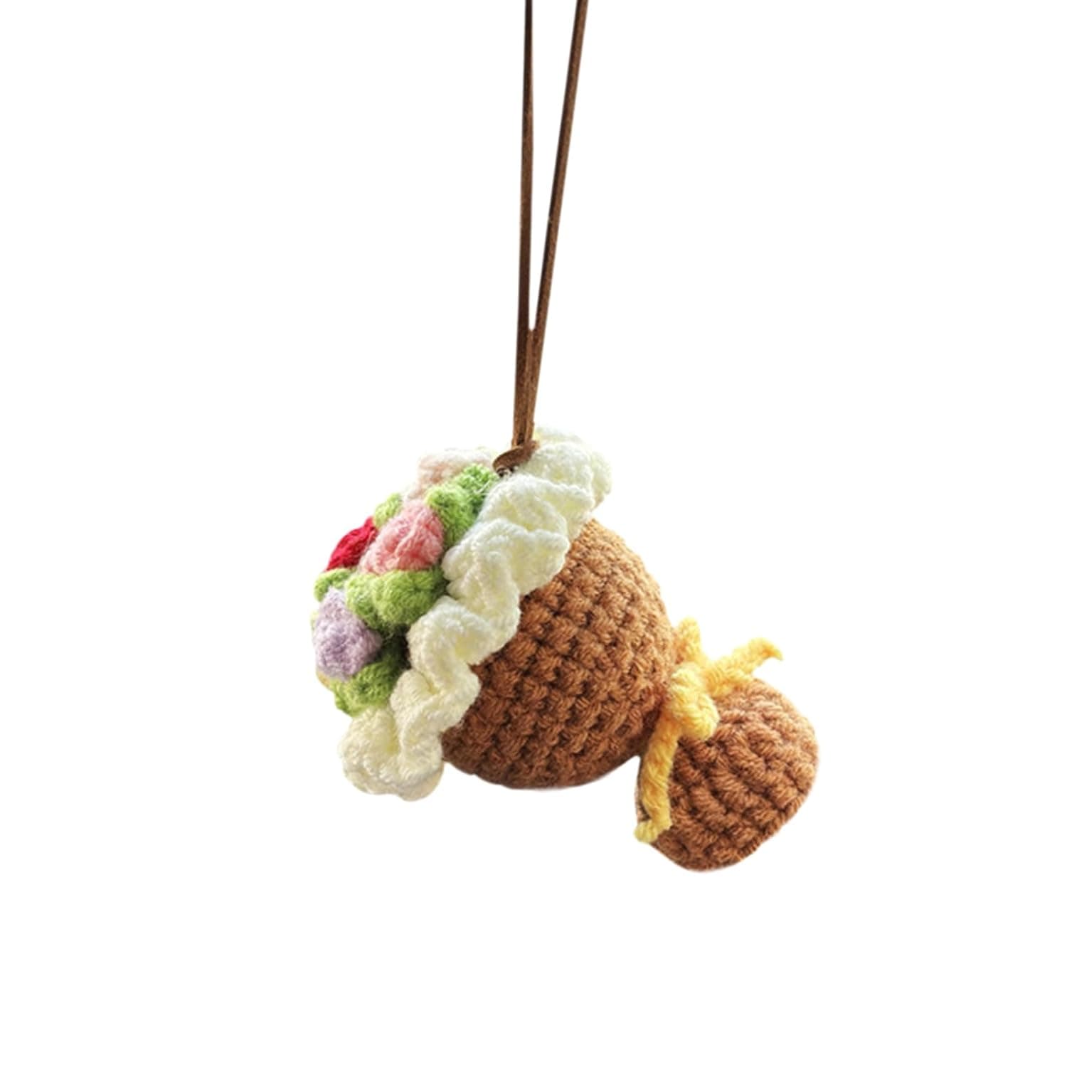 Crochet Rose Car Rear View Mirror Charm, Cute Flower Automotive Pendant, Handmade Knitted Vehicle Interior Decoration Accessories, Aesthetic Hanging Ornament for Women, Girls (Brown)