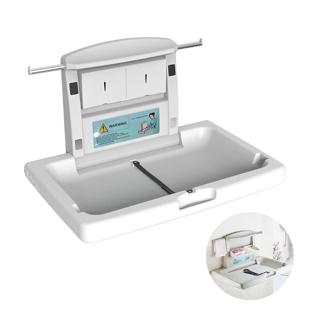 DRAGONTOWM01 Baby Changing Station Wall Mounted Fold Down Commercial Baby Care Table with Adjustable Safety Strap and Storage Box HDPE Meterial Bathroom Public Places