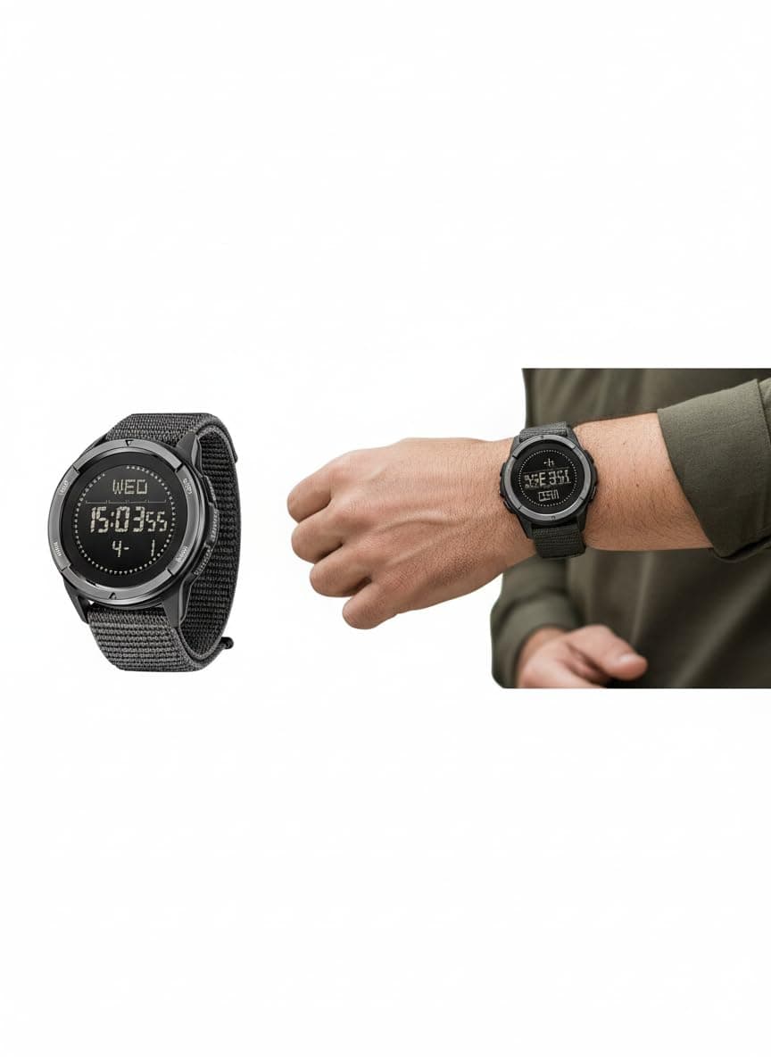 Tactical Watch for Men, Lightweight Military Sport Watch with Carbon Fiber Case, 5ATM Waterproof, Compass, Step Counter & Metronome, Black