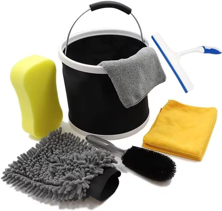 8Pcs Car Wash Detailing Kit Cleaning Kits with Collapsible Bucket Wash Mitt Sponge Towels Tire Brush Window Scraper Complete Interior Exterior Car Washing Supply Set