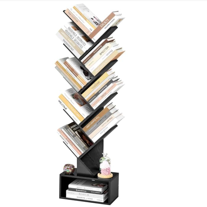 Hoctieon 9 Tier Tree Bookshelf, Tall Bookcase with Drawer, Wood Book Shelf, Modern Floor Standing Bookshelves, Book Organizer Shelves for Bedroom, Living Room, Home Office, Black