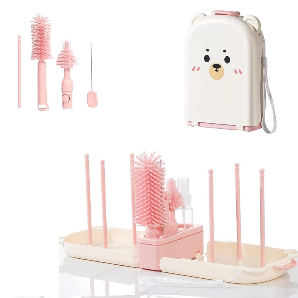 6-in-1 Travel Baby Bottle Brush Set, Portable Cleaning Kit with Drying Rack, Silicone Nipple & Straw Brush, Soap Dispenser & Case for On-The-Go (Pink)
