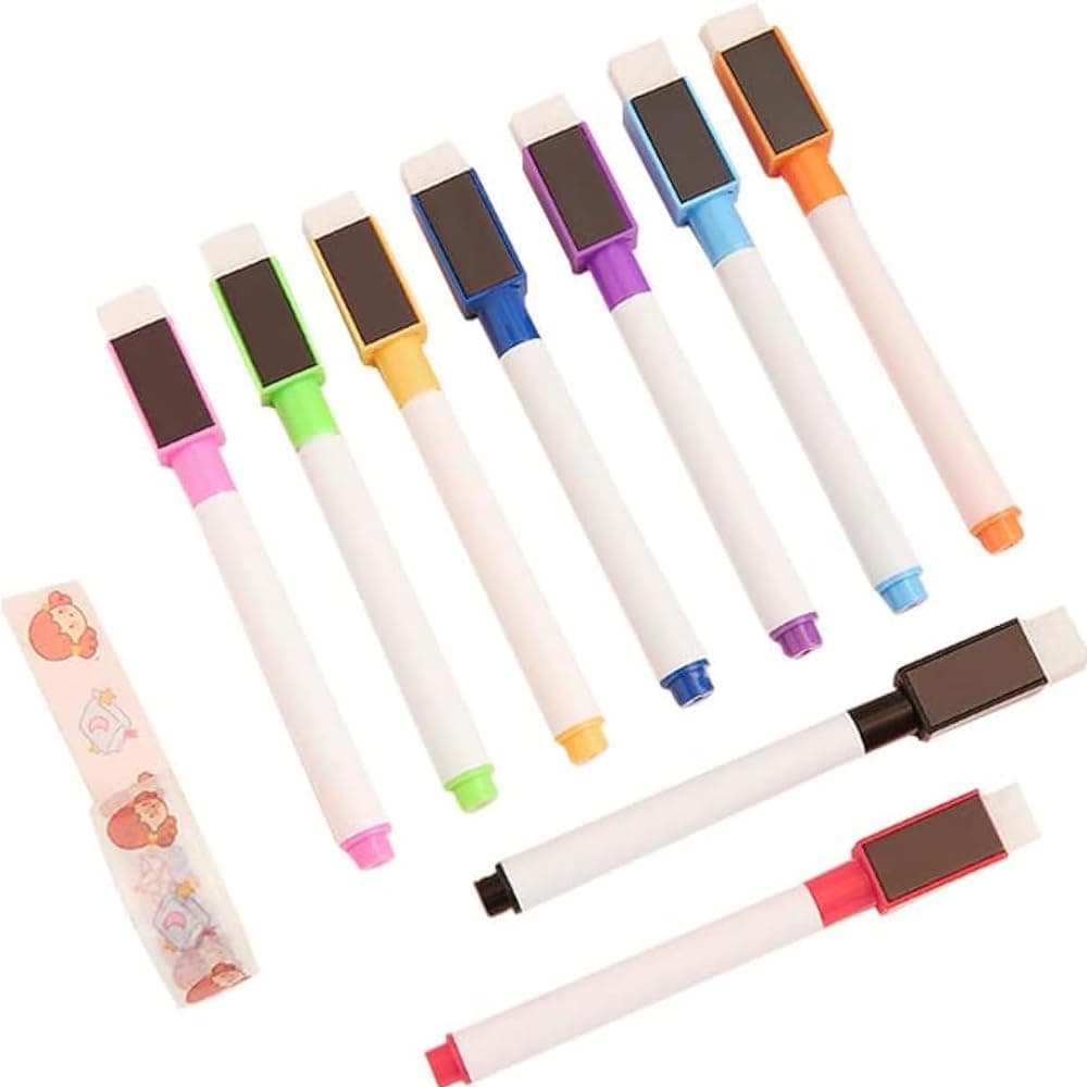 Bukela Bukela 9 Pack White Board Markers with Erasers, Fine Tip Magnetic Dry Erase Pens for Whiteboard, Low Odor Coloured Pens for Kids, School, Home & Office Supplies