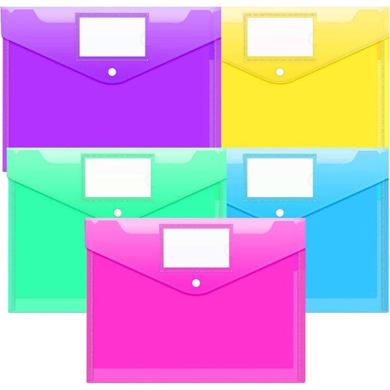 Bukela 5 Pcs Folders Plastic Envelopes, Multicolor Document Organizers, Clear Plastic File Folder, Snap Button with Label Pocket, Letter A4 Size Poly File Envelopes for School Home Office