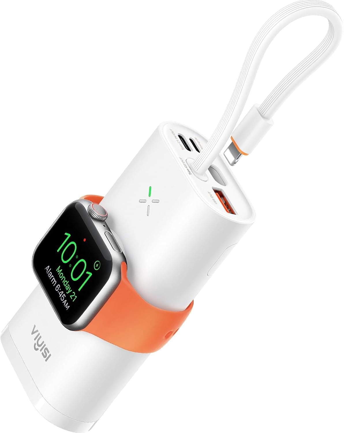 VIYISI Power Bank Portable Charger 10000mAh Fast Charging 3 in 1 Battery Pack with Built in Cable Compatible with iPhone 17 16 15 Pro Max, Apple Watch, Samsung, Android and USB C Devices -White