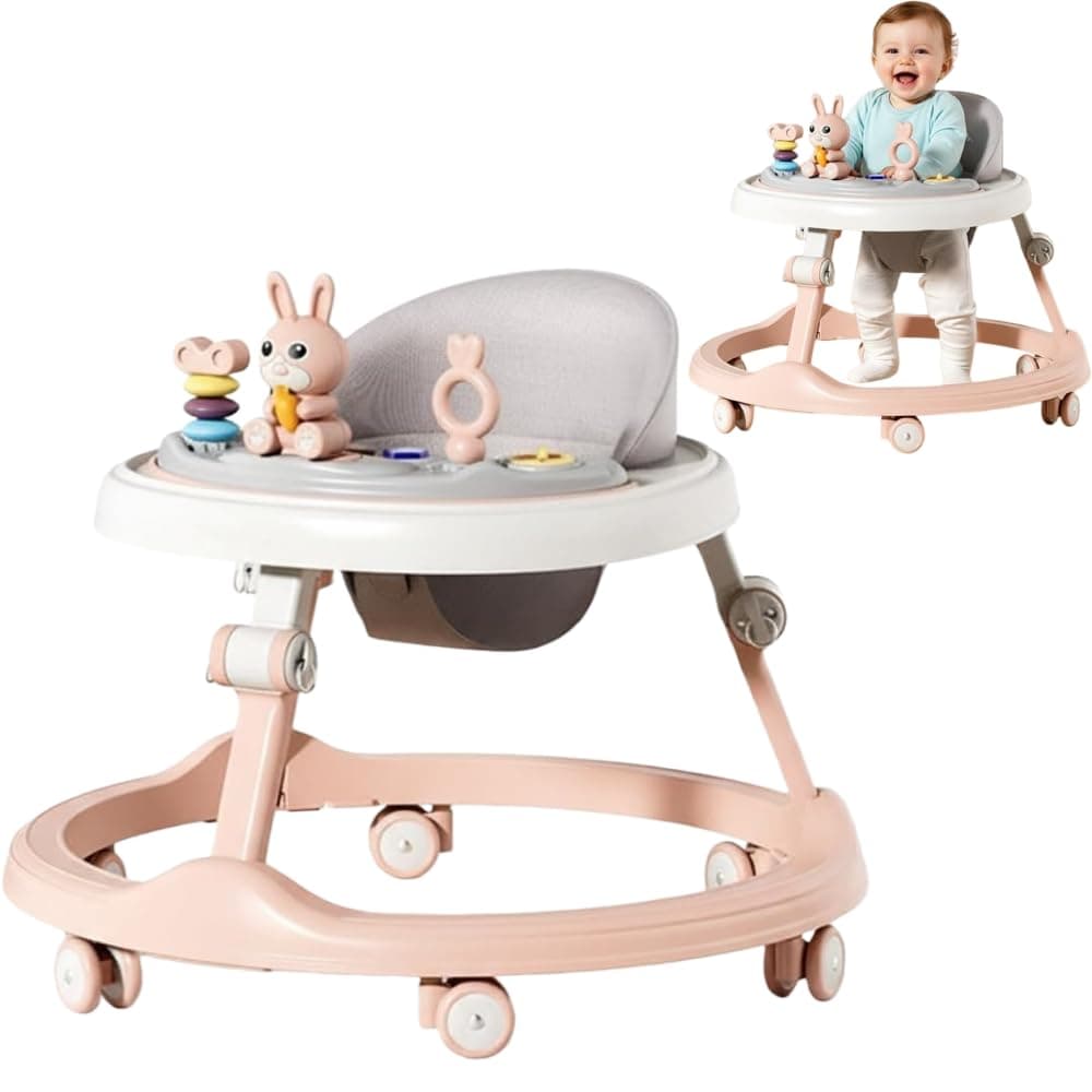 Baby Walker with Wheels, 4 in 1 Walker for Baby Boy Girl 6-12 Months with Bouncer, Music and Lights Baby Jumper Activity Center, Adjustable Height Speed, Push Walker for Toddler (Pink 2)