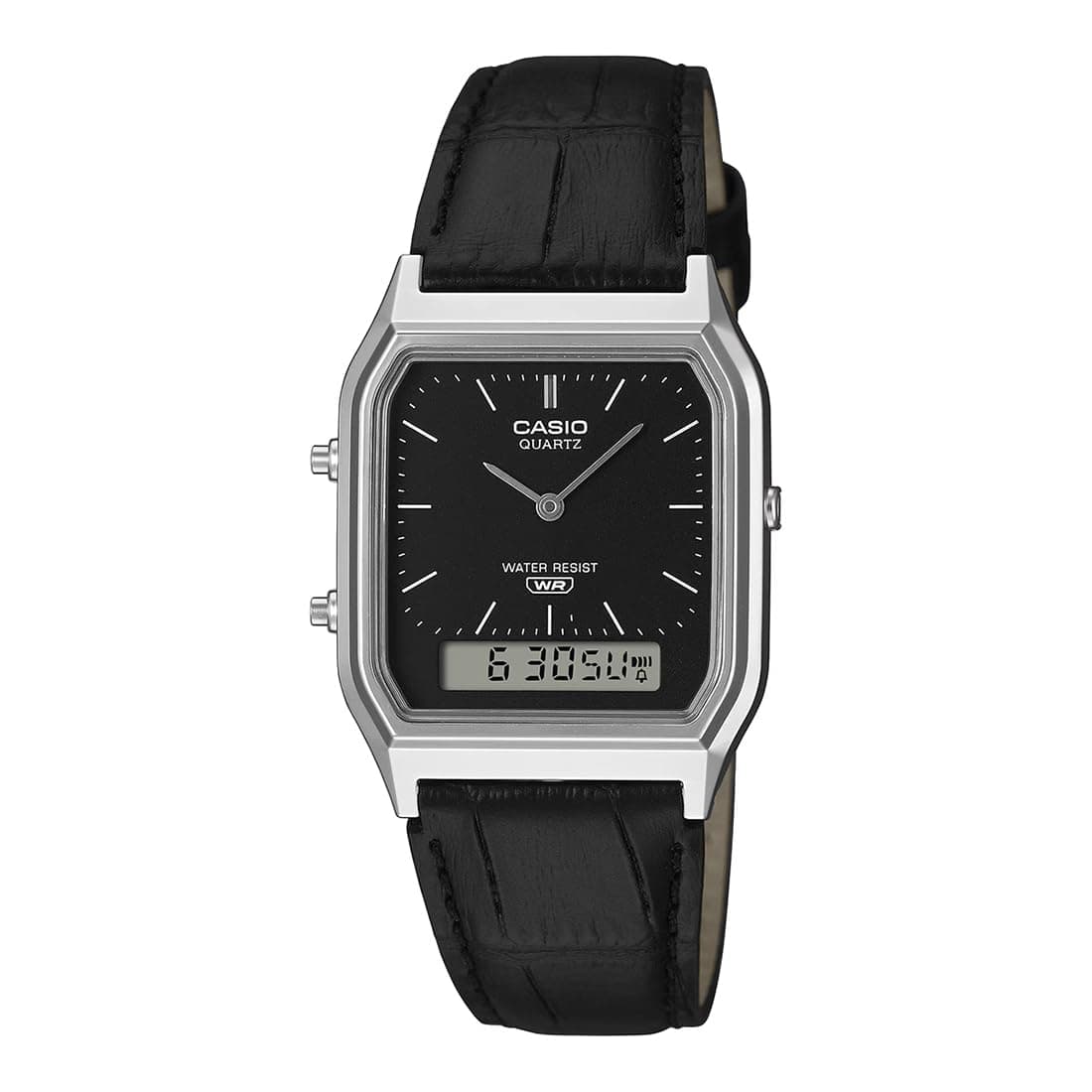 CASIO AQ-230EL-1A – Classic Double View Men's Watch | Black Dial and Black Leather Strap | Water Resistant | Stylish Vintage Design, Anadigi Display, Lightweight and Comfortable