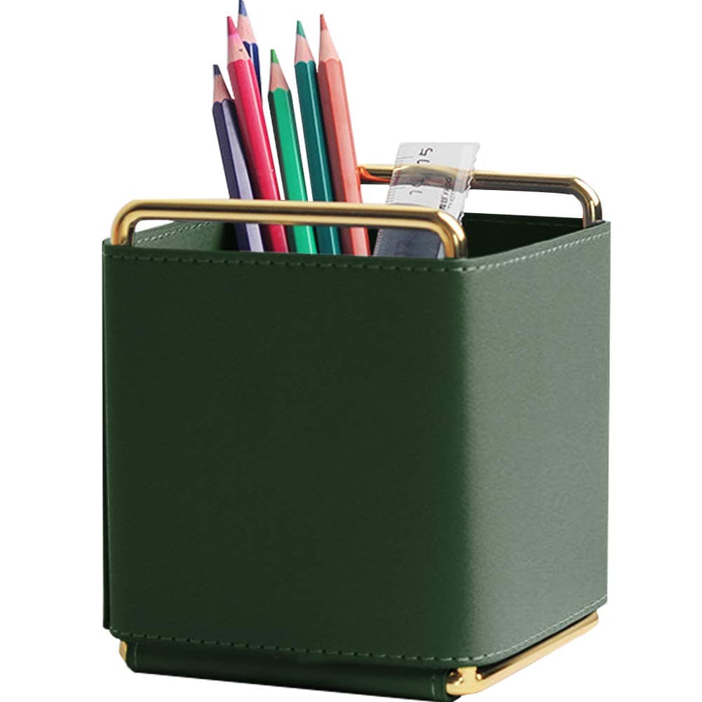 Leather Pencil Holder Desktop Organizer Iron Art Desktop Makeup Brush Remote Control Storage Box Office Pen Holder for Desk Green