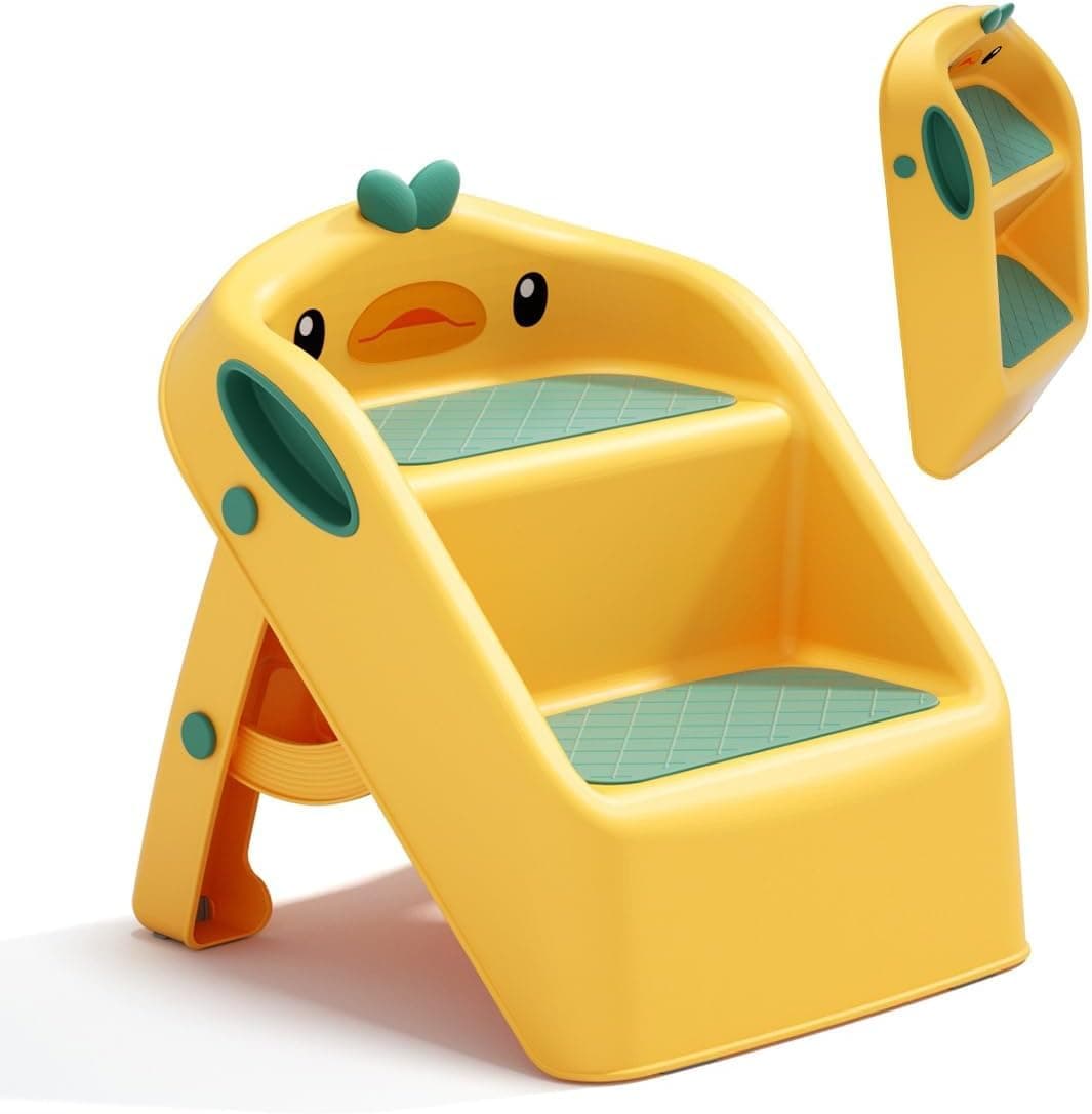 U HOOME Foldable Toddler Step Stool for Kids Kitchen Bathroom Sink,Toilet Steps Potty Training Stool,Dual Height 11" Kitchen Helper Plastic Poop Stools Ladder with Handles Nursery Foot Stools (Yellow)
