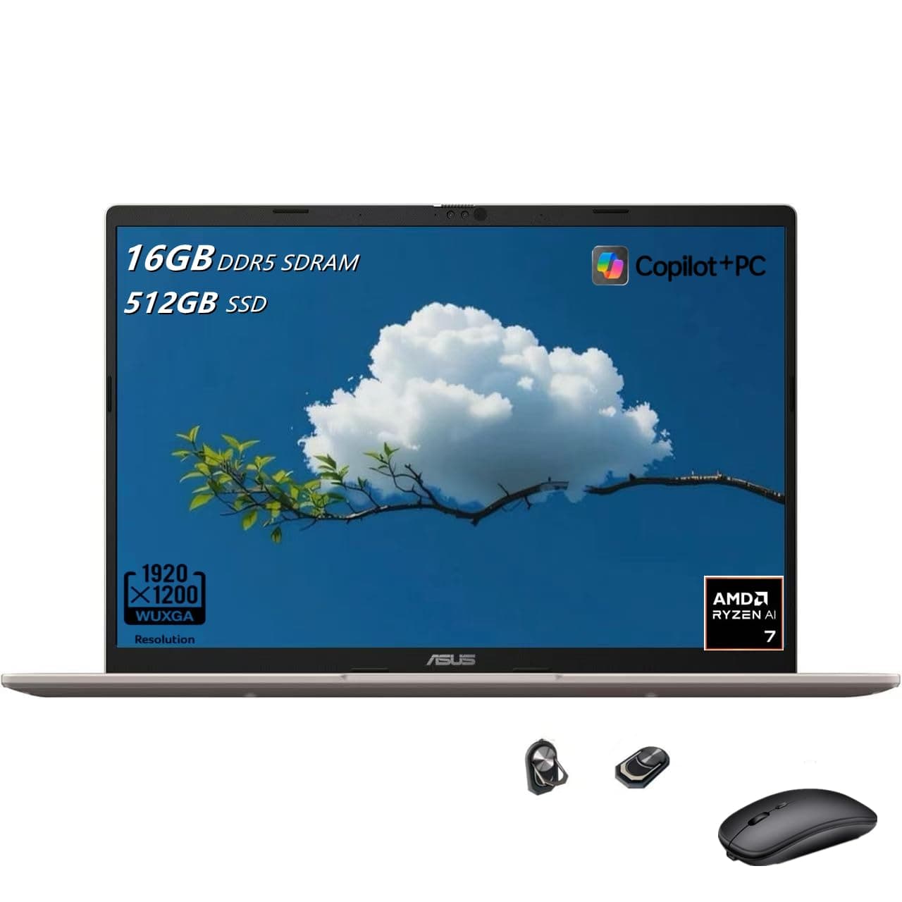 ASUS Vivobook 14 Copilot + PC Laptop, 14" WUXGA (1920x1200) Display, AMD Ryzen AI 7 350 with XDNA NPU, 16GB DDR5 RAM, 512GB SSD, Platinum Gold, Windows 11 Home, TWE Accessories