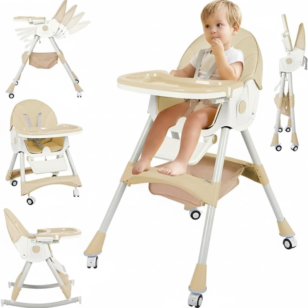 Bentifar High Chairs for Babies and Toddlers, 4 in 1 Convertible Baby High Chair, Portable High Chair for Travel with Adjustable Height and Back, Foldable HighChair with Wheels& Pu Cushion (New Khaki)