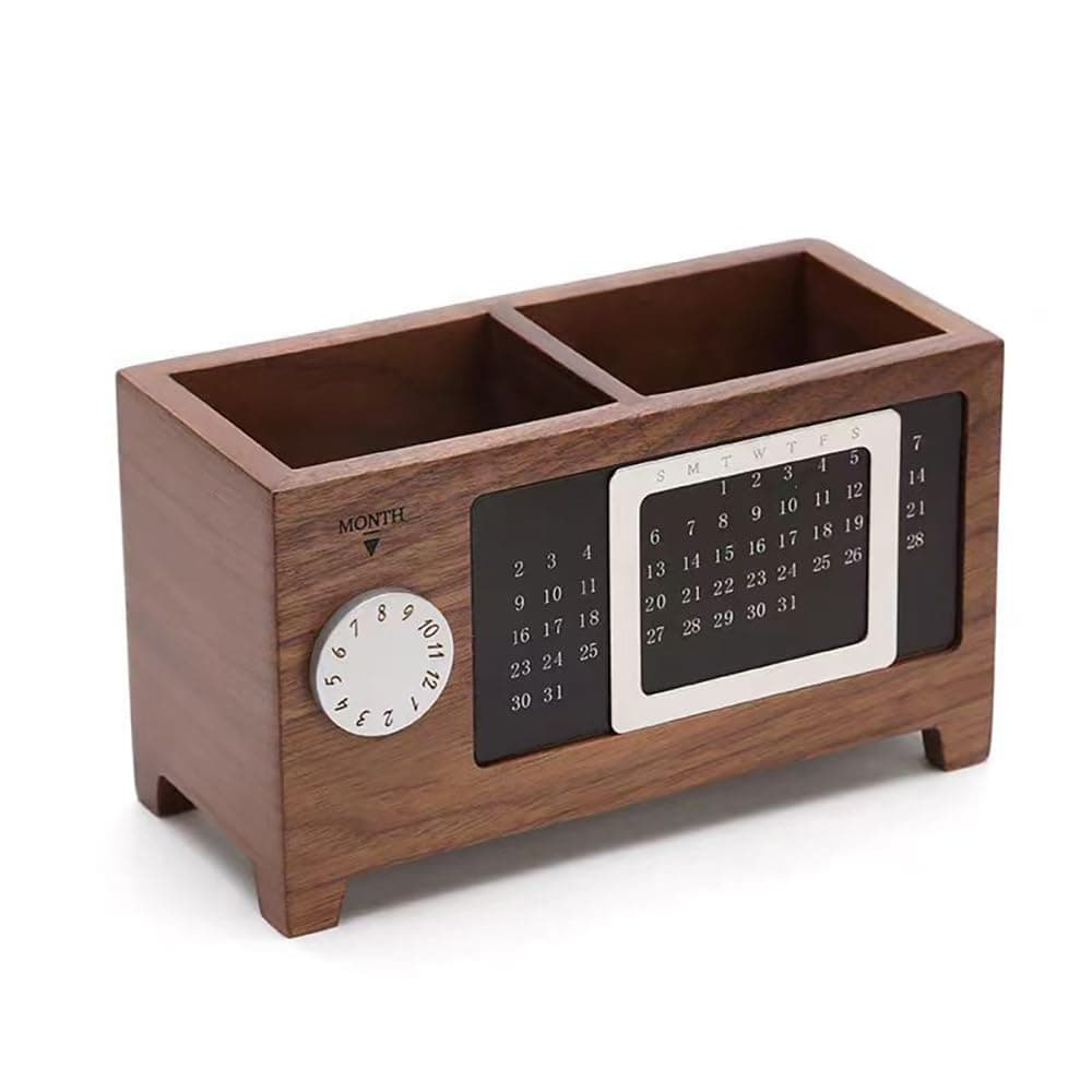Perpetual Calendar Pen Holder, Walnut Pen & Pencil Holder, Pencil Holder with 2 Compartments Creative Wooden Desktop Storage Box for Remote Control Stationery Storage, Office Desk Supplies Organizer