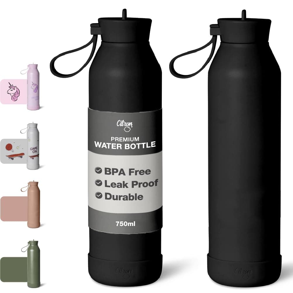 Citron Water Bottle Vacuum Insulated Stainless Steel 750ml Leakproof Metal Water Bottle for Kids and Adults Durable Bottle & BPA Free (Black)