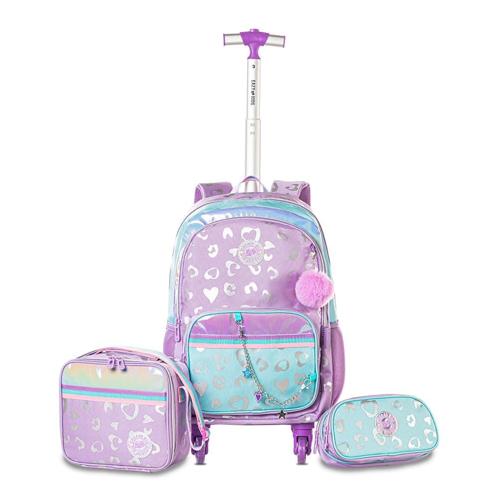 Eazy Kids 4-wheel Trolley 17" School Bag Set of 3 w/Lunch Bag and Pencil Pouch - Love Purple