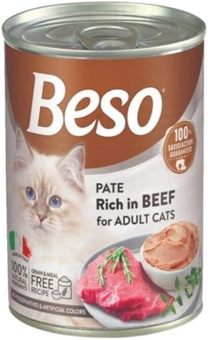 Beso Pâté Rich in Beef for Adult Cats 6 x 400g – Premium Natural Wet Cat Food, High Moisture Soft Pâté, Grain-Free Tender Beef Recipe, High-Protein Balanced Nutrition for Adult Cats