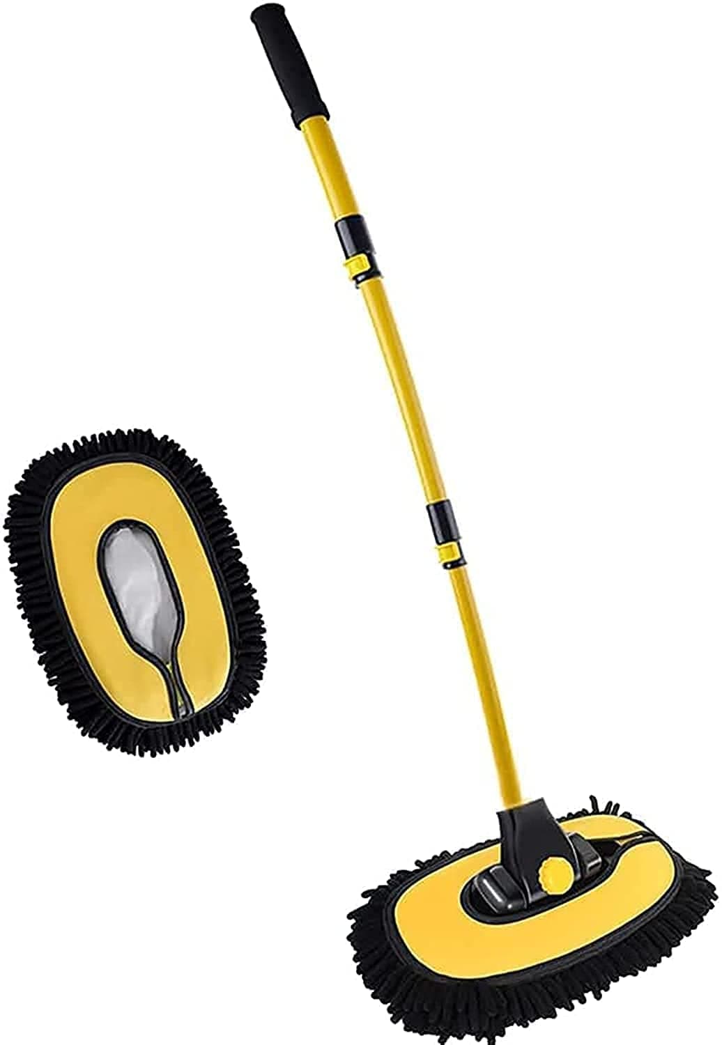 ALMEKAQUZ 2 in 1 Long Handle Car Wash Brush, 45" Car Wash Mop Kit with Car Care Replacement Head, Car Wash Brush Cleaning Kit for RV Cars SUV Trucks and Bus (yellow)