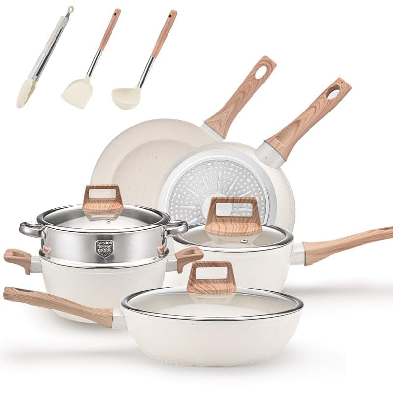 0TO1 12-Piece Cooking Set, طقم قدور, قدور جرانيت, Granite Coating Pots and Pans for All Stoves Including Induction, Oven Safe White Cookware Set