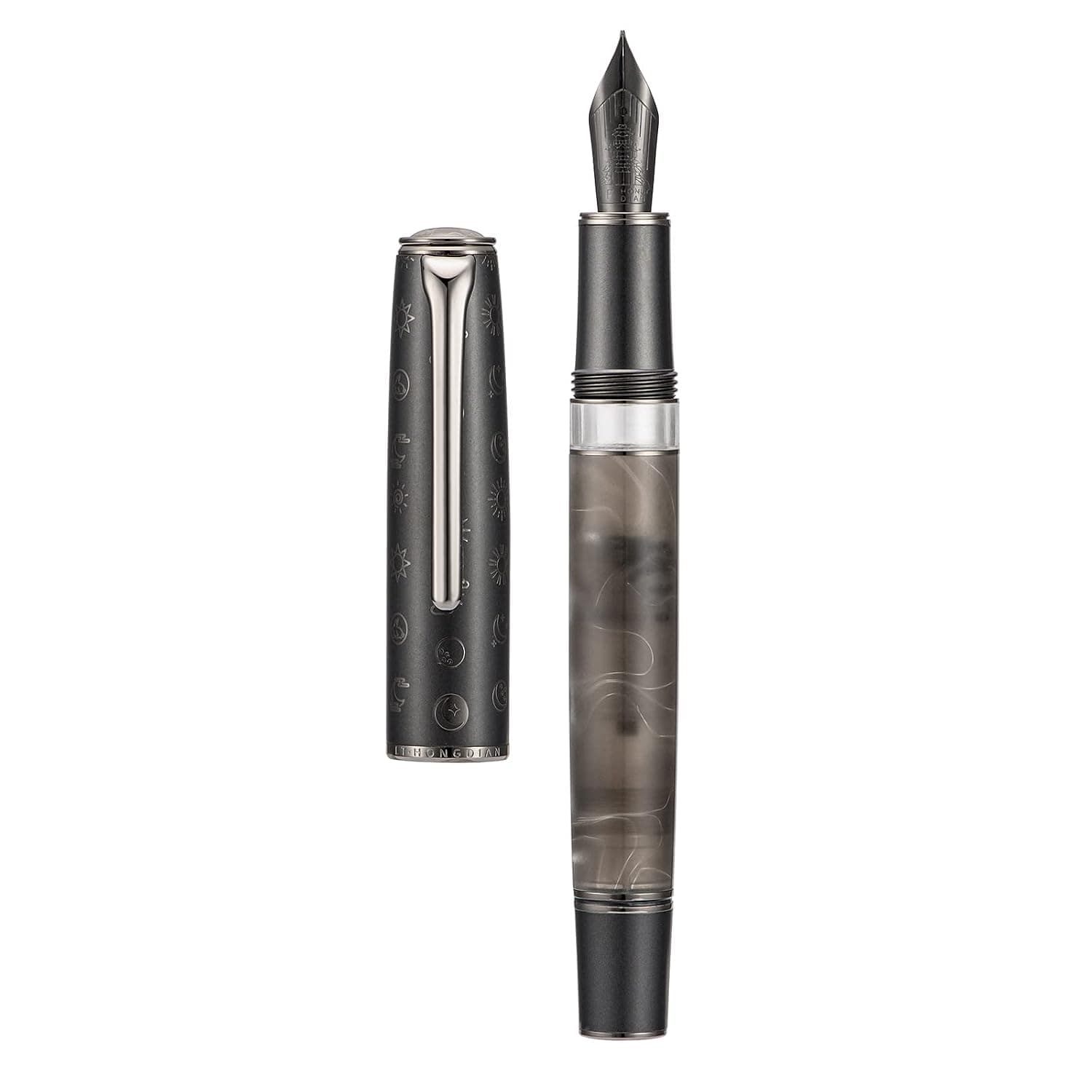 Asvine Hongdian N7 Gray Resin Piston Fountain Pen, Iridium Extra Fine Nib Classic Pen Rabbot on Cap Top, Smooth Writing Pen with Metal Box