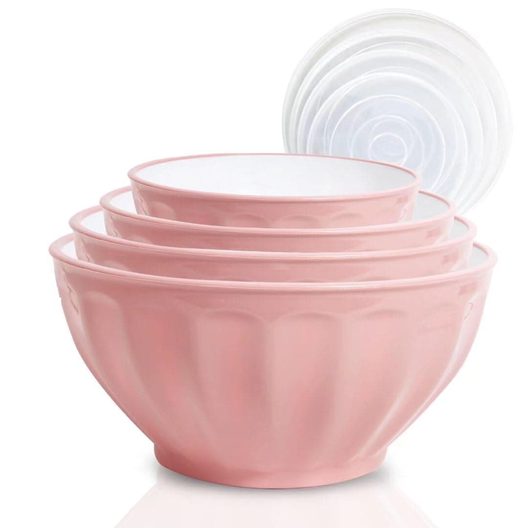 Mixing Bowls with Lids Set,4 Large Plastic Nesting Bowls,Includes 4 Microwave safe Mixing Bowl for Kitchen Prepping,Baking,Cooking Food, Pink