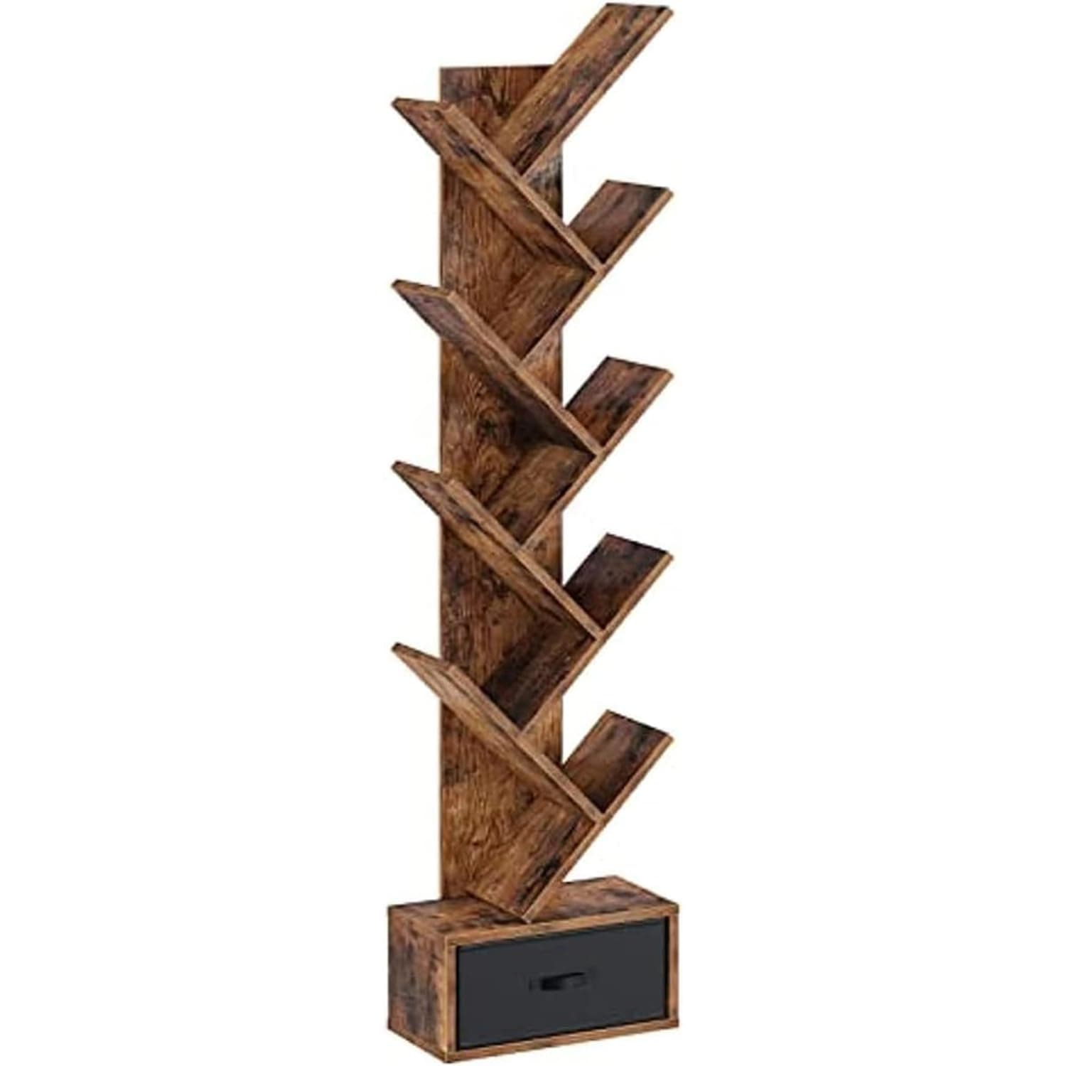 Tree Bookshelf with Drawer, 9 Shelf Rustic, Retro Wood Storage Rack for CDs/Movies/Books, Ladder Shelf, Utility Organizer Shelves for Living Room, Bedroom, Home Office (brown)