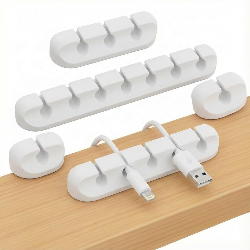 5-Pack Self-Adhesive Cable Clips, White – Set of 5 Separate Cord Holders for Desk, Charger, Computer & TV (1, 1, 3, 5, 7 Slots)