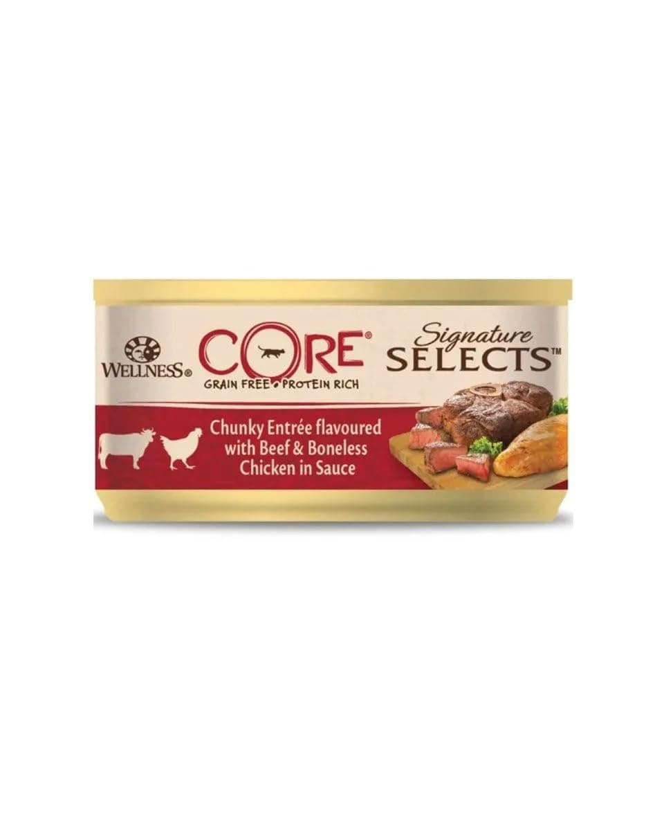 Wellness CORE Signature Selects Chunky Beef & Chicken, 24 x 79 g, Wet Food for Adult Cats in Sauce, No Added Sugar, Grain-Free, High Meat Content