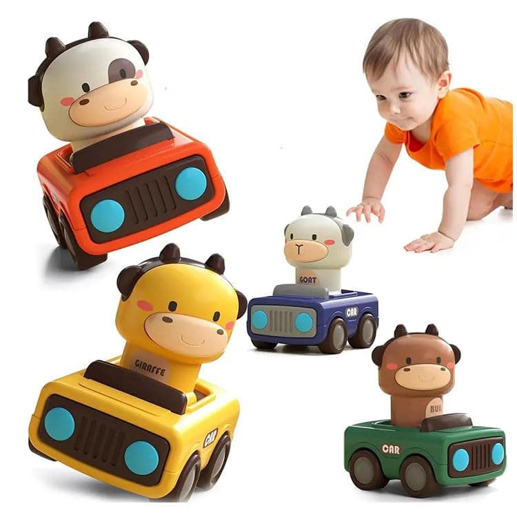 Baby Push & Go Animal Car Toys Set – Friction Powered Toddler Toy Cars (Cow, Giraffe, Bull, Goat) – Mini Vehicles for Infants 6-12-18 Months, Early Learning Toys, 1st Birthday Gifts for Boys & Girls