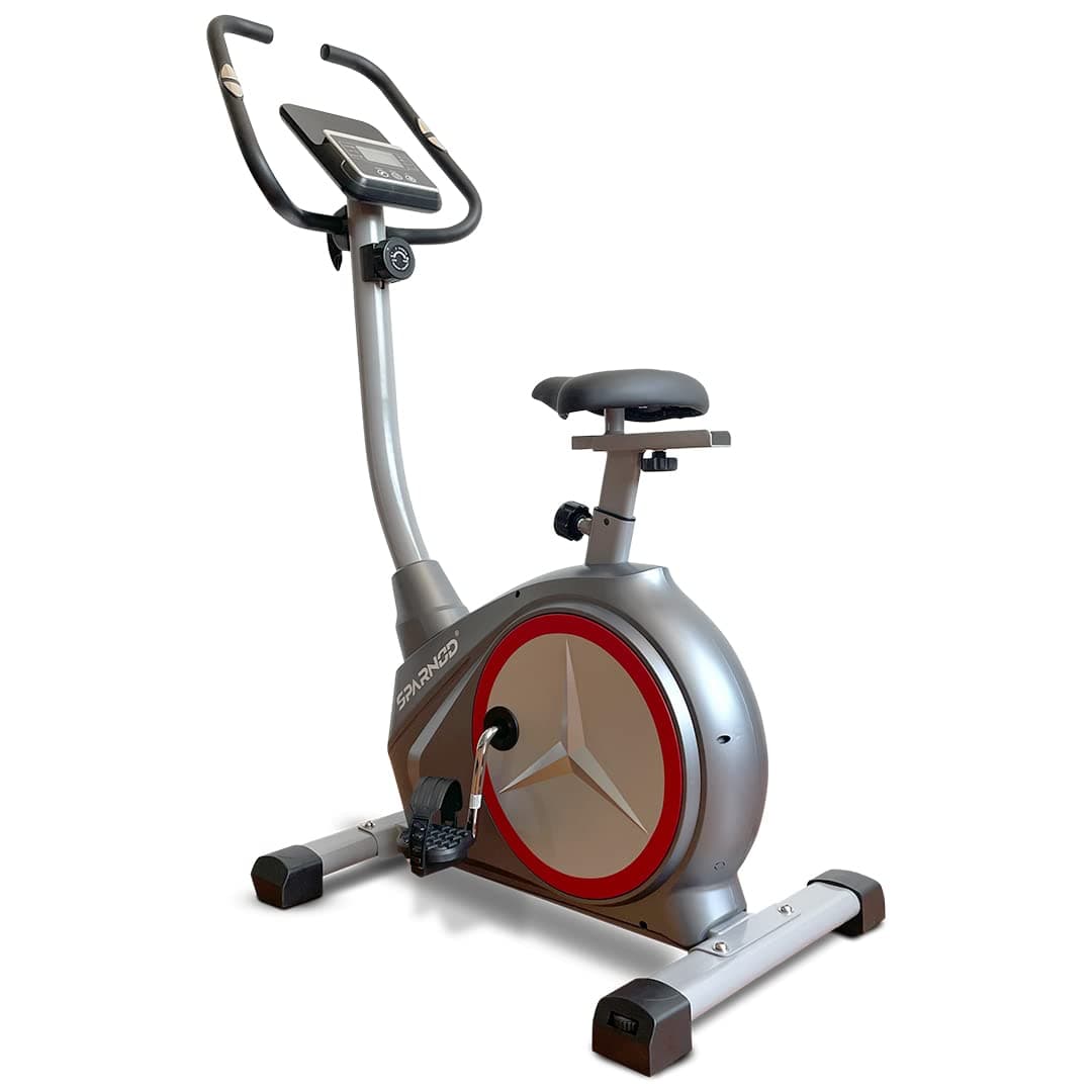 Sparnod Fitness Exercise Bike- Digital Display, Real-Time Stats, Adjustable Seat, Heart Rate Sensors, Non-Slip Pedals, Secure Straps, Built-in Wheels - Perfect Cardio Machine for Your Exercise Targets