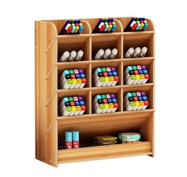 Bukela Wooden Desk Organizer Box, Multifunctional DIY Pen Holder Box, Desk Stationery, Drawer Supply Storage Rack for Office, School, Household Supplies (Brown)