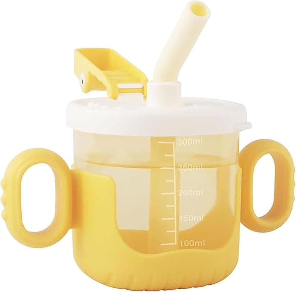 YelaJoy Baby Sippy Cup 300ml with Handle, Toddler Training Cup with Straw and Measurement Marks, Unbreakable Drinking Cup for Milk Water Juice, Food-Grade PP Material, Pineapple Yellow