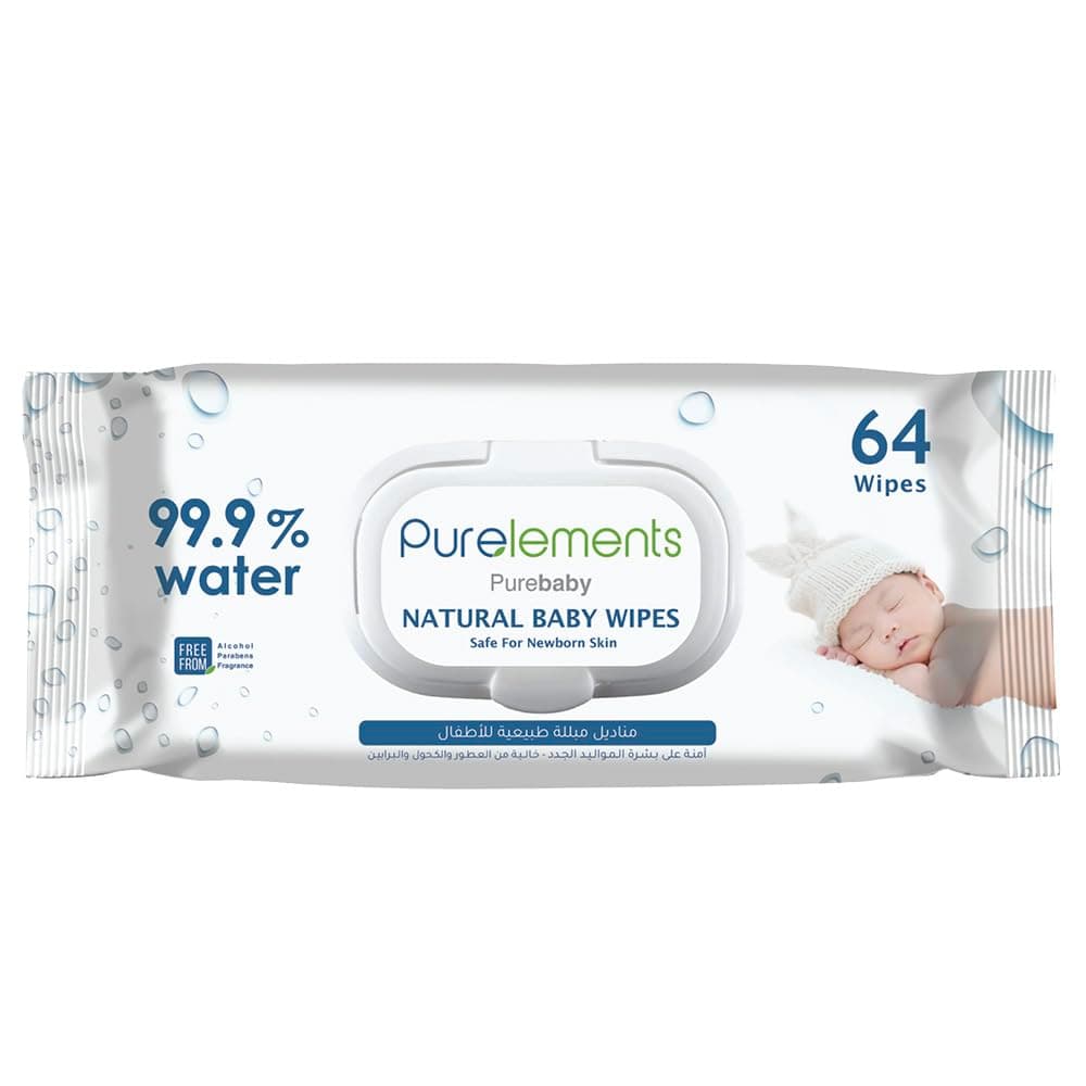 Purelements Baby Wipes For Sensitive/Delicate Skin|Water Wipes with Aloe Natural 99.9% Water|Skin Friendly|Free from Fragrances, Parabens & Alcohol - 64pcs