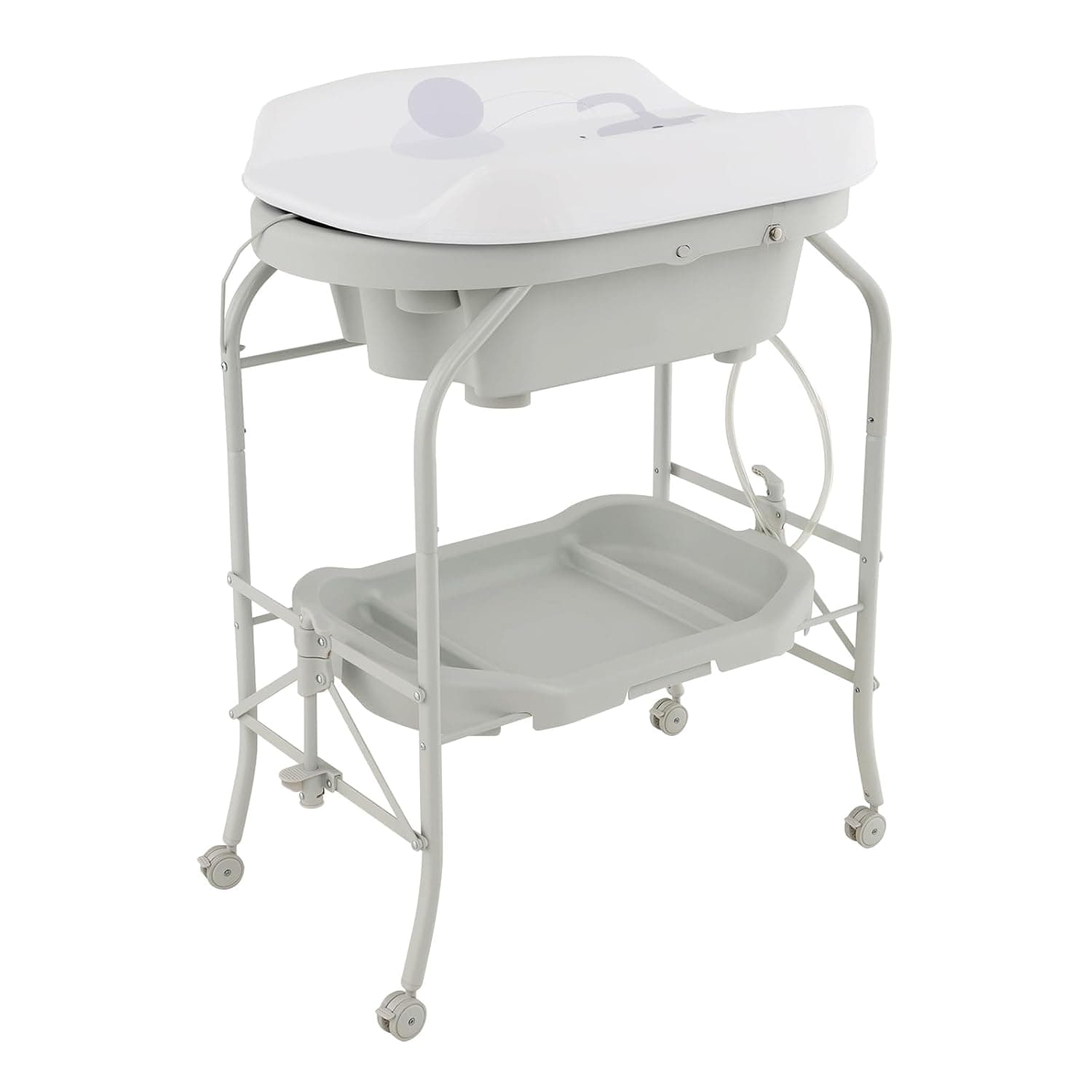 GYMAX Folding Baby Changing Table with Bathtub (Light Grey) | Portable Newborn Bath Table and Dresser Unit with PVC Pad, Storage Tray and Wheels, Infant Diaper Changing Station