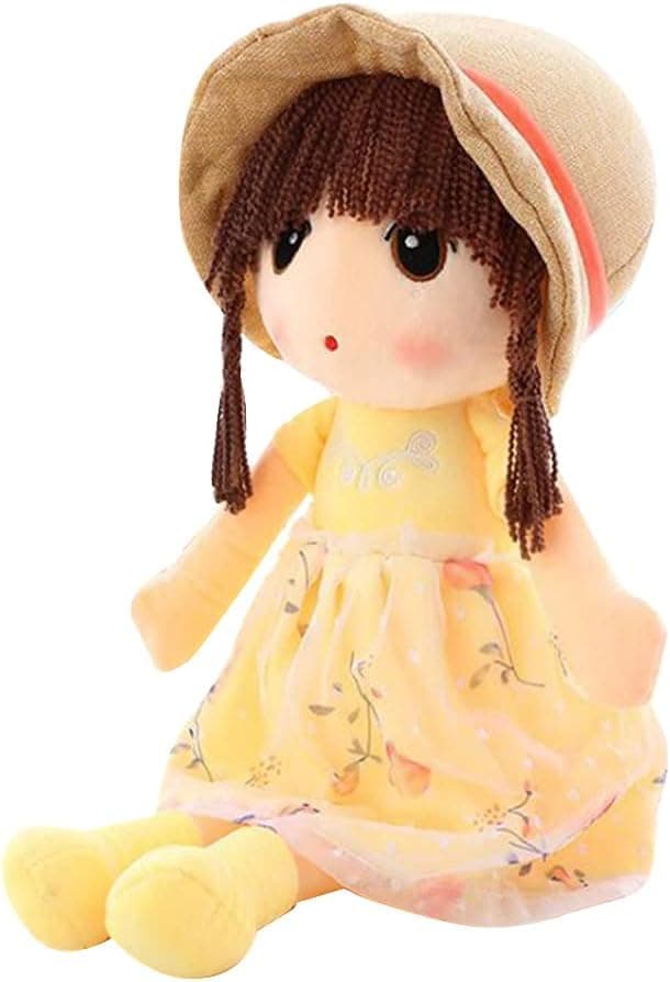 Sweetheart Soft Baby Doll Girl, Plush Stuffed Toy with Hat Skirt, Cute Rag Dolls Baby Girls Sleeping Partner Doll Birthday Gift, 45cm - Yellow