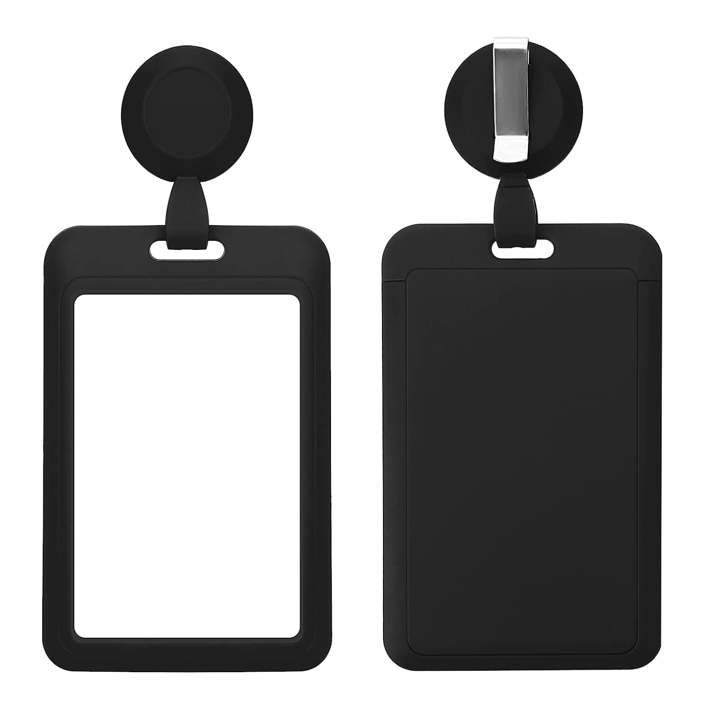 Bewudy 2 Set Heavy Duty Badge Holders with Retractable Badge Reel Clips, ID Name Tag Work Badge Clip Vertical Card Protector Cover Case for Office Nurse Medical Student Teacher Women Men (Black)