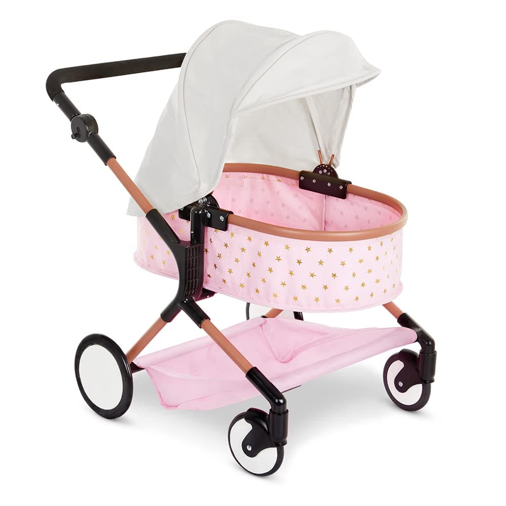 Babi Battat by – Baby Doll Double Stroller Mini Gold Stars – Foldable Canopy, Swivel Wheels, Storage Basket – Pink Carriage Fits Twin 14-inch Dolls – Children’s Toys for Kids Ages 3+