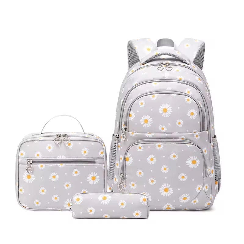 Girls 3-in-1 School Bag Set, Backpack with Lunch Bag and Pencil Case, Daisy Flower Design,for School