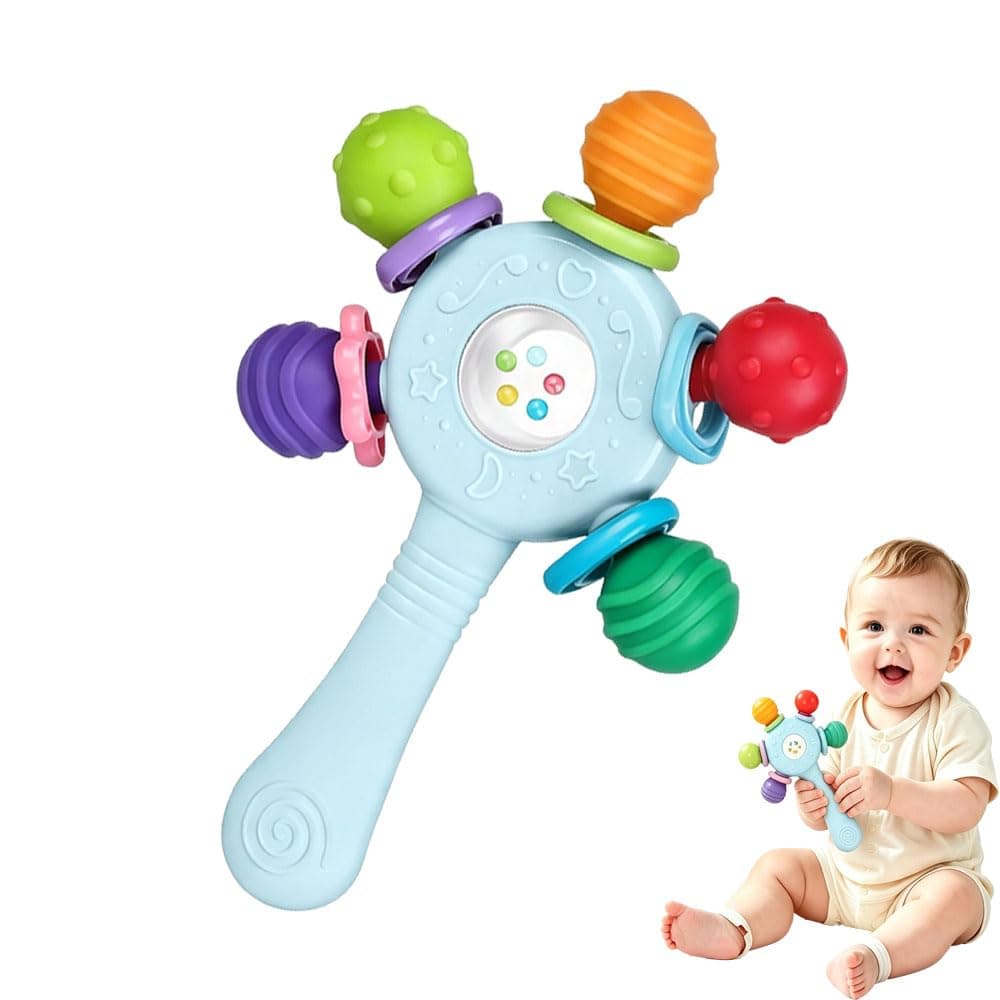 Baby Teether Toys for Babies 0 3 6 9 12 18 Months,Baby Rattle Toys,Baby Sensory Toy for 0-6 6-12 Months, Montessori Early Education,Manhattan Ball,Grasp Training Toy,Suction Cup Toys(Blue)