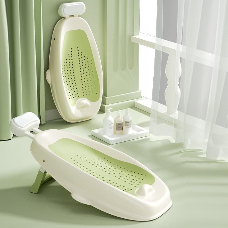 Baby Bath Seat with Adjustable Headrest, Foldable Portable Bathtub with Comfortable Non-Slip Base Support for Infants and Newborns (Green)